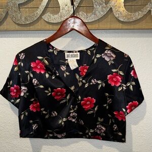 Jodi Michaels Vintage Black Satin Floral Cropped Button Front Sleep Top Size S